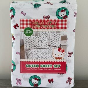 New Hello Kitty Christmas Bows Wreath Queen 4-pc Sheet Set Sanrio Cotton Holiday